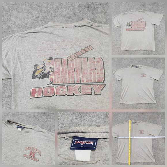 VTG 90s Harvard Univeristy Crimson Hockey Men L Large Distressed Graphic T Shirt - Picture 1 of 14